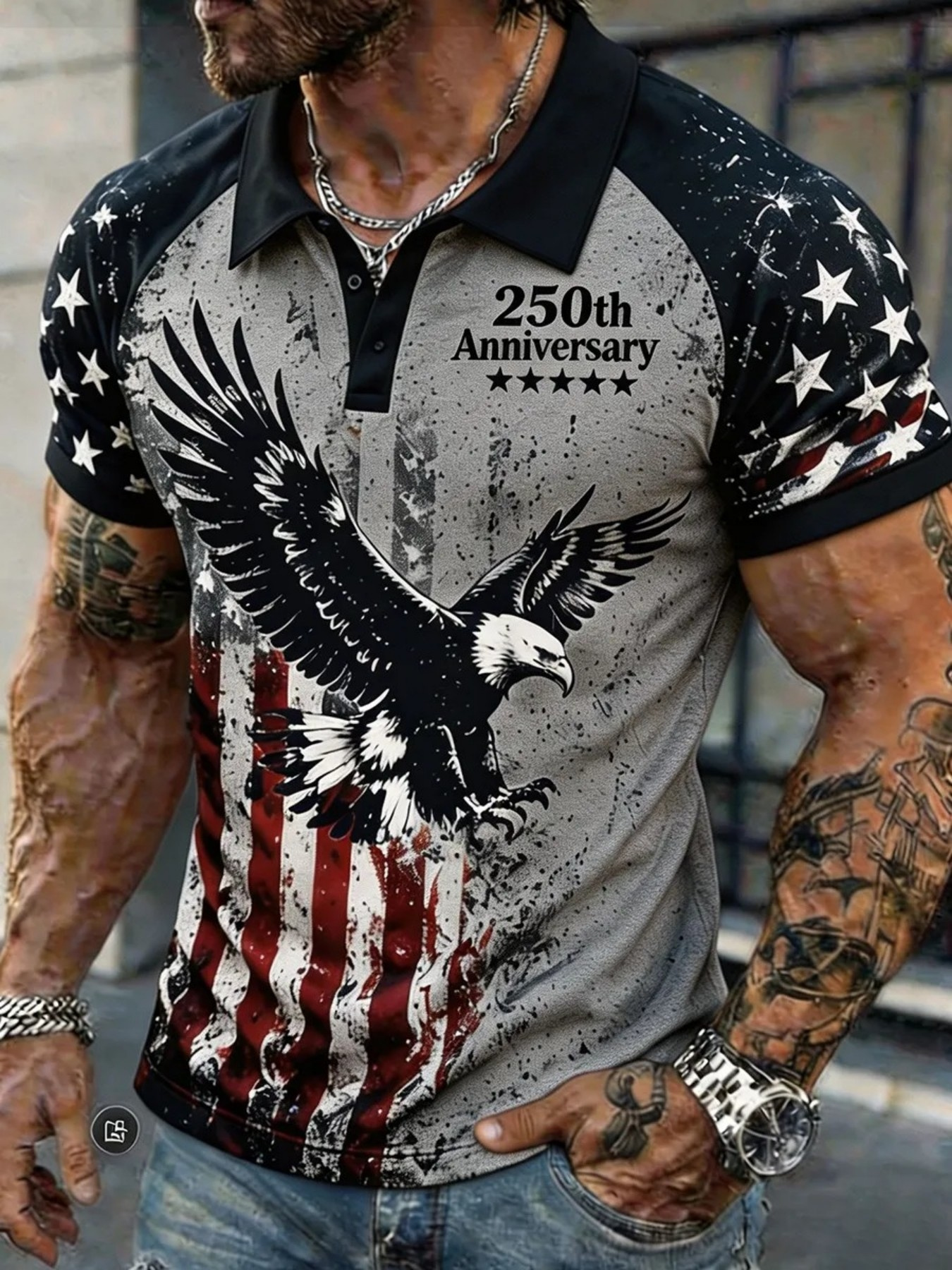 Men's Vintage Eagle Distressed Flag Patriotic Short Sleeve Polo Shirt