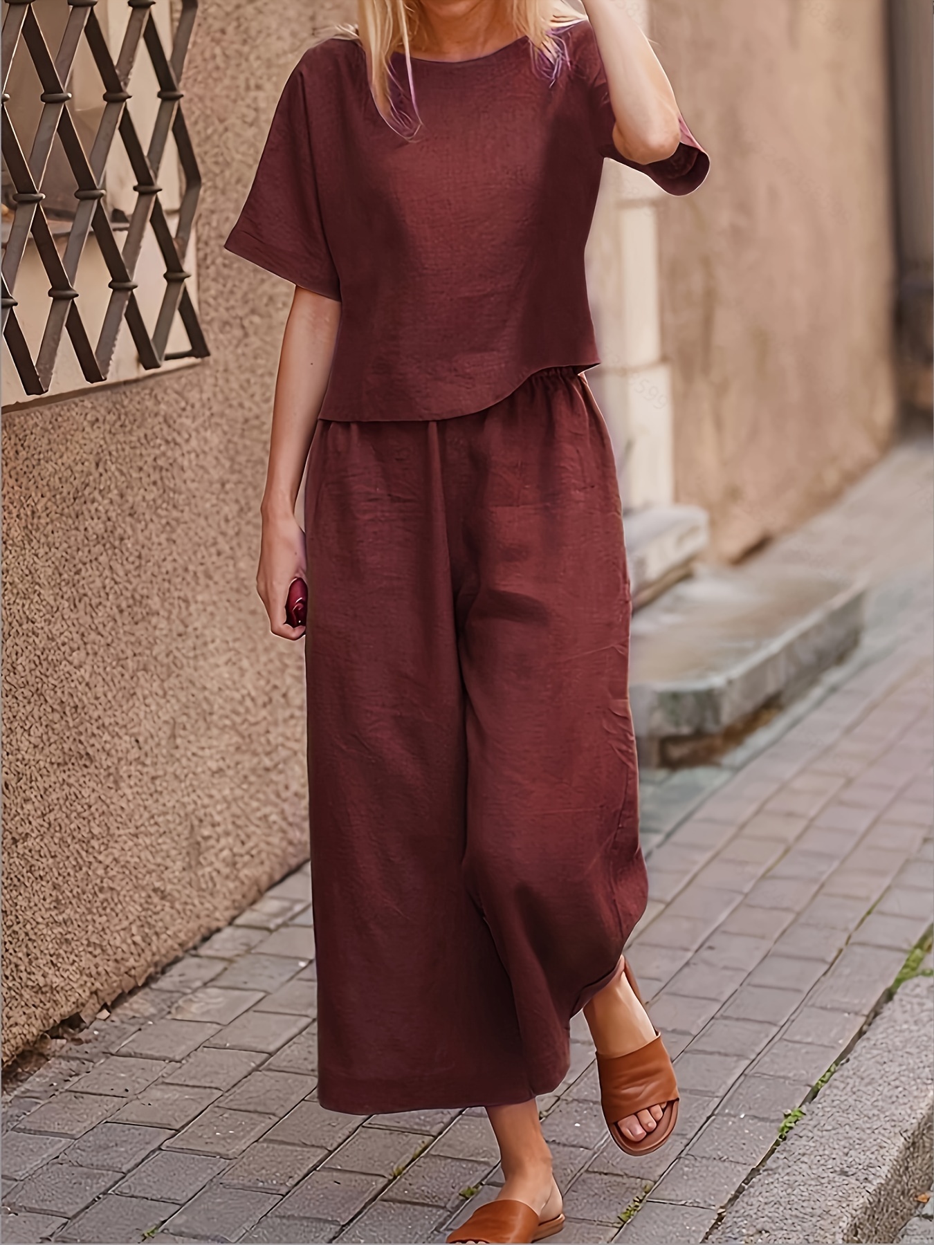 Women's Short Sleeve Crop Top & Wide Leg Cropped Pants Linen Two Piece Set