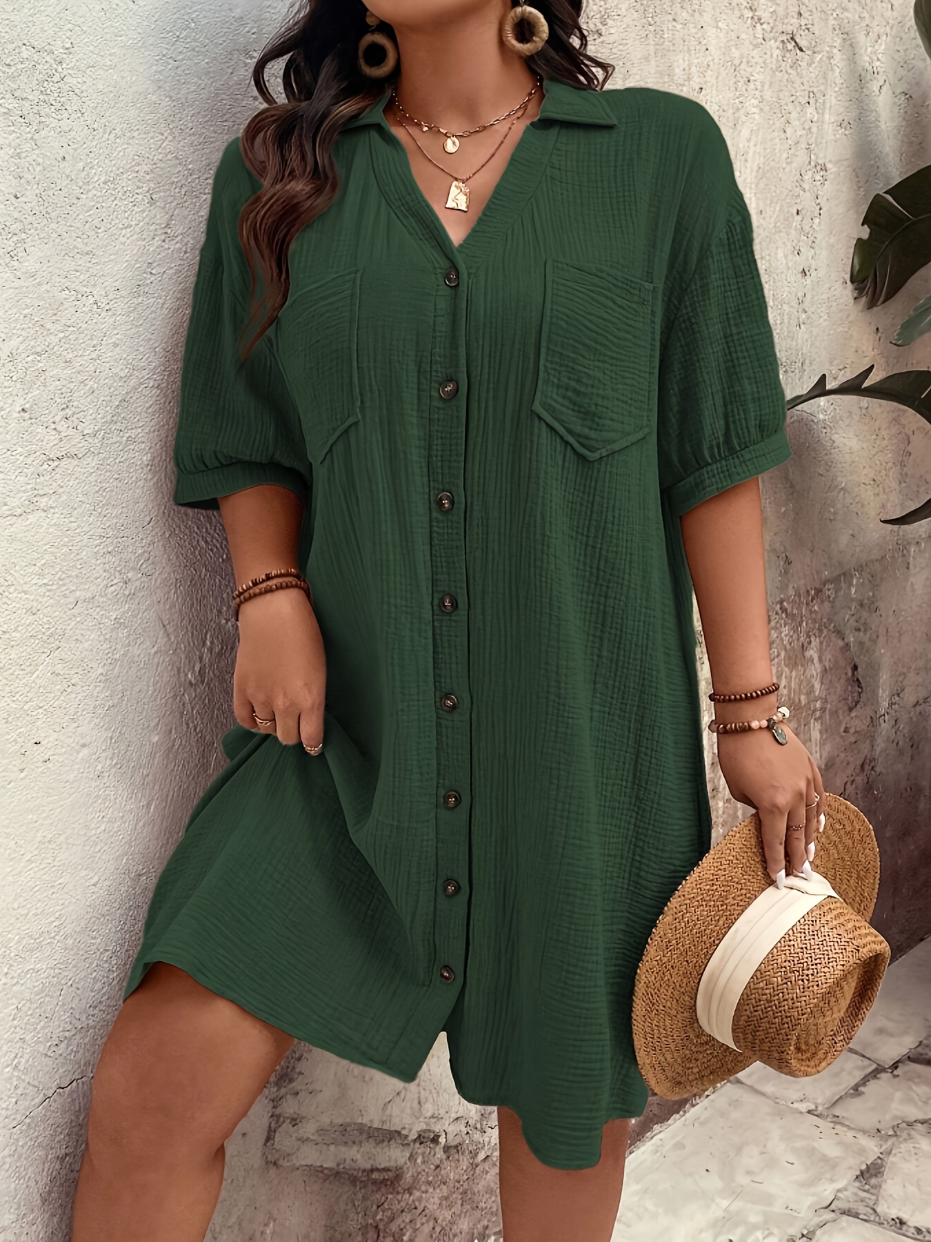 Women's Textured Puff Sleeve Pocket Shirt  Dress