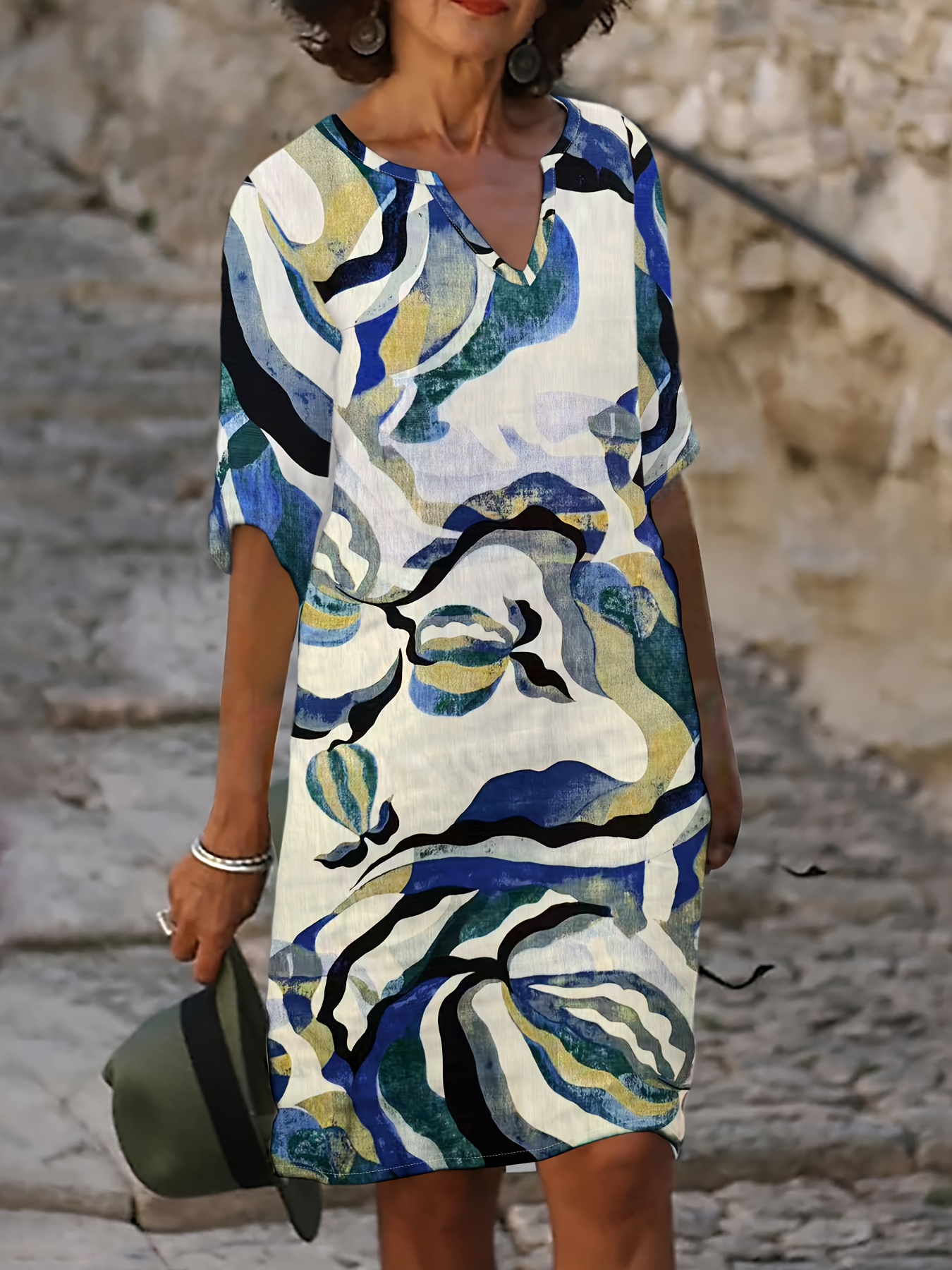 Women's Abstract Marble Print Notch V Neck Three Quarter Sleeve Midi Dress
