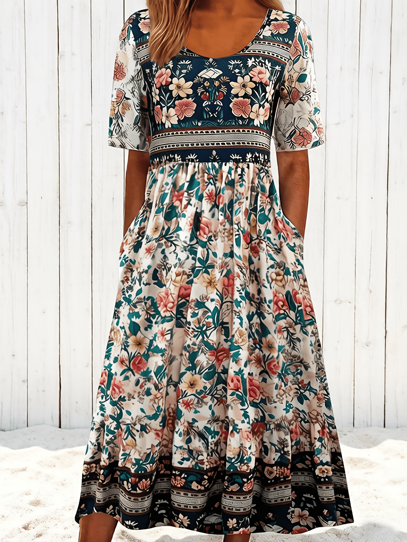 Women's Boho Border Paisley Print Short Sleeve Midi Dress