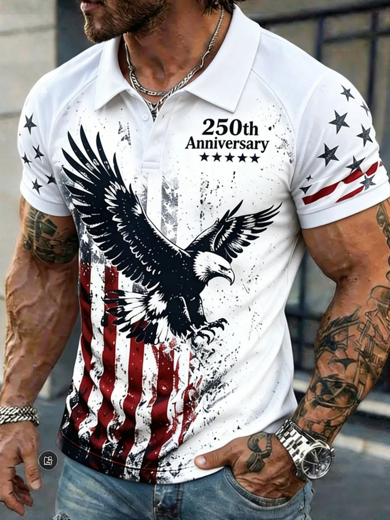 Men's Vintage Eagle Distressed Flag Patriotic Short Sleeve Polo Shirt