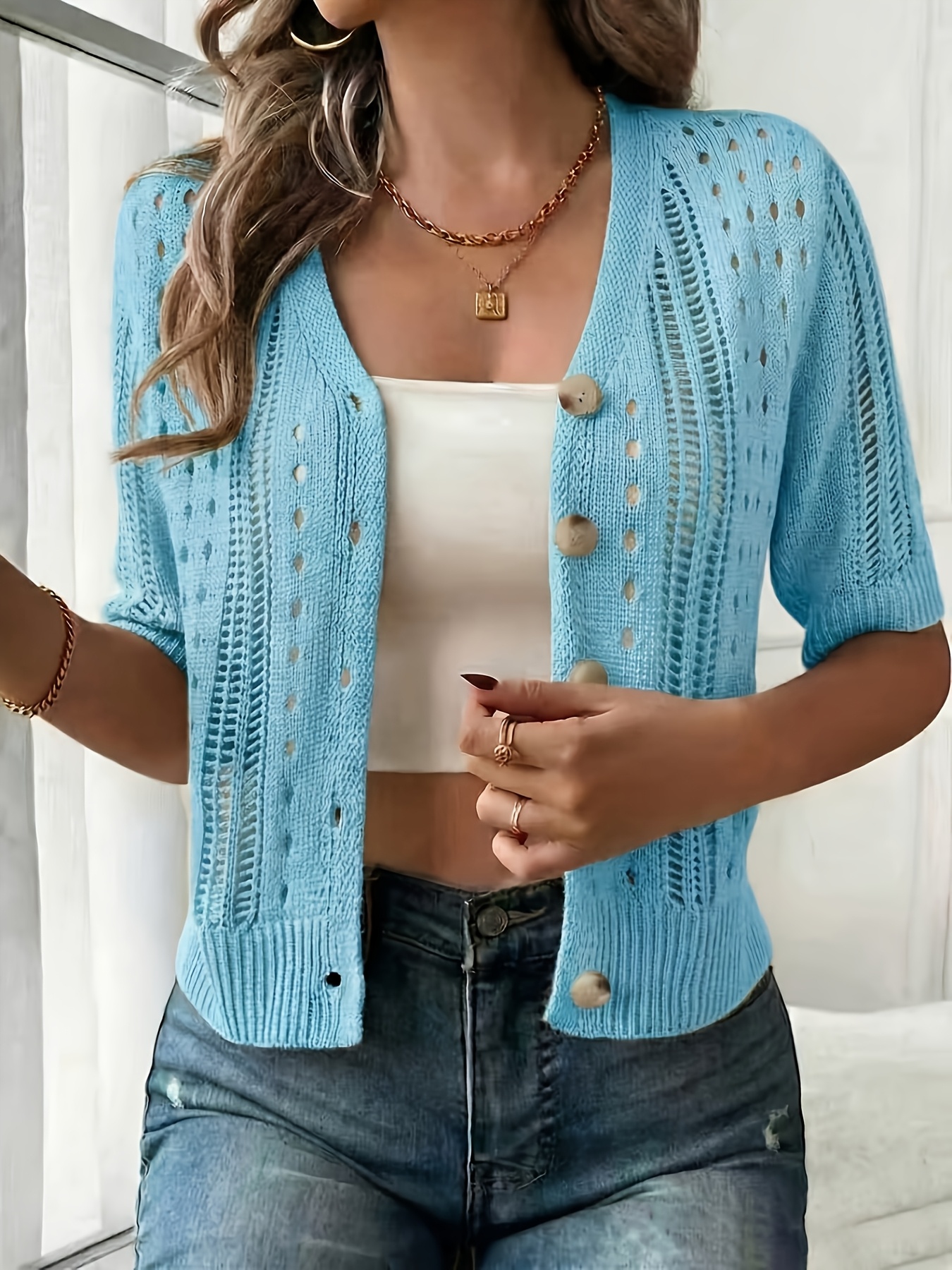 Women's Hollow Knit Short Sleeve Button Crop Cardigan