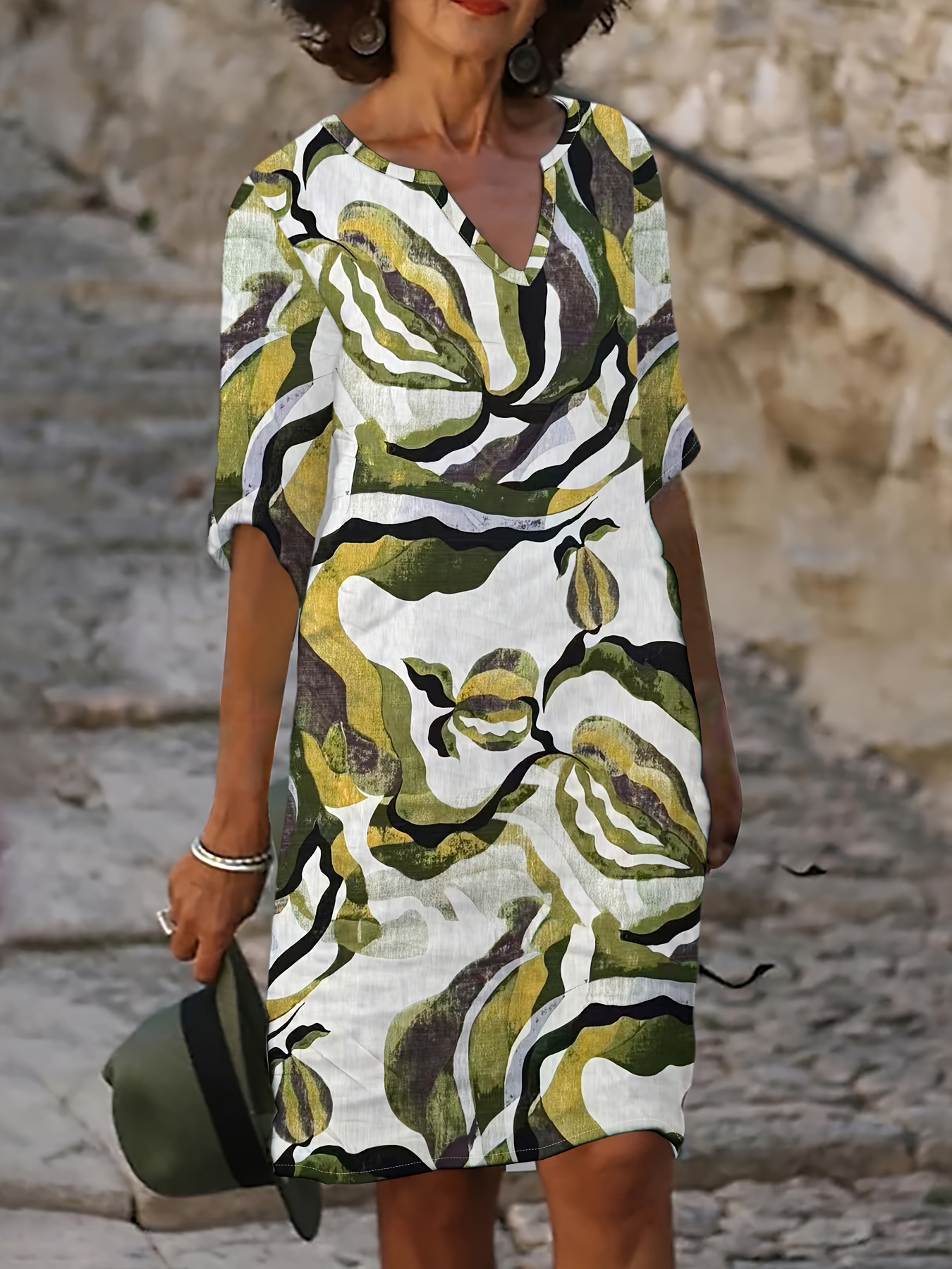 Women's Abstract Marble Print Notch V Neck Three Quarter Sleeve Midi Dress