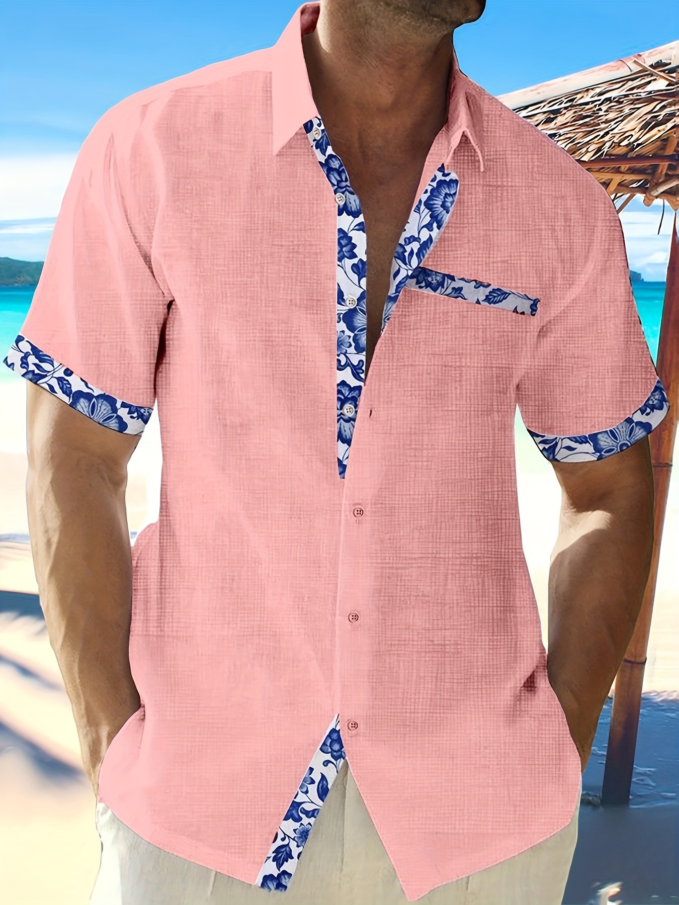 Men's Contrast Floral Trim Short Sleeve Button Down Resort Shirt