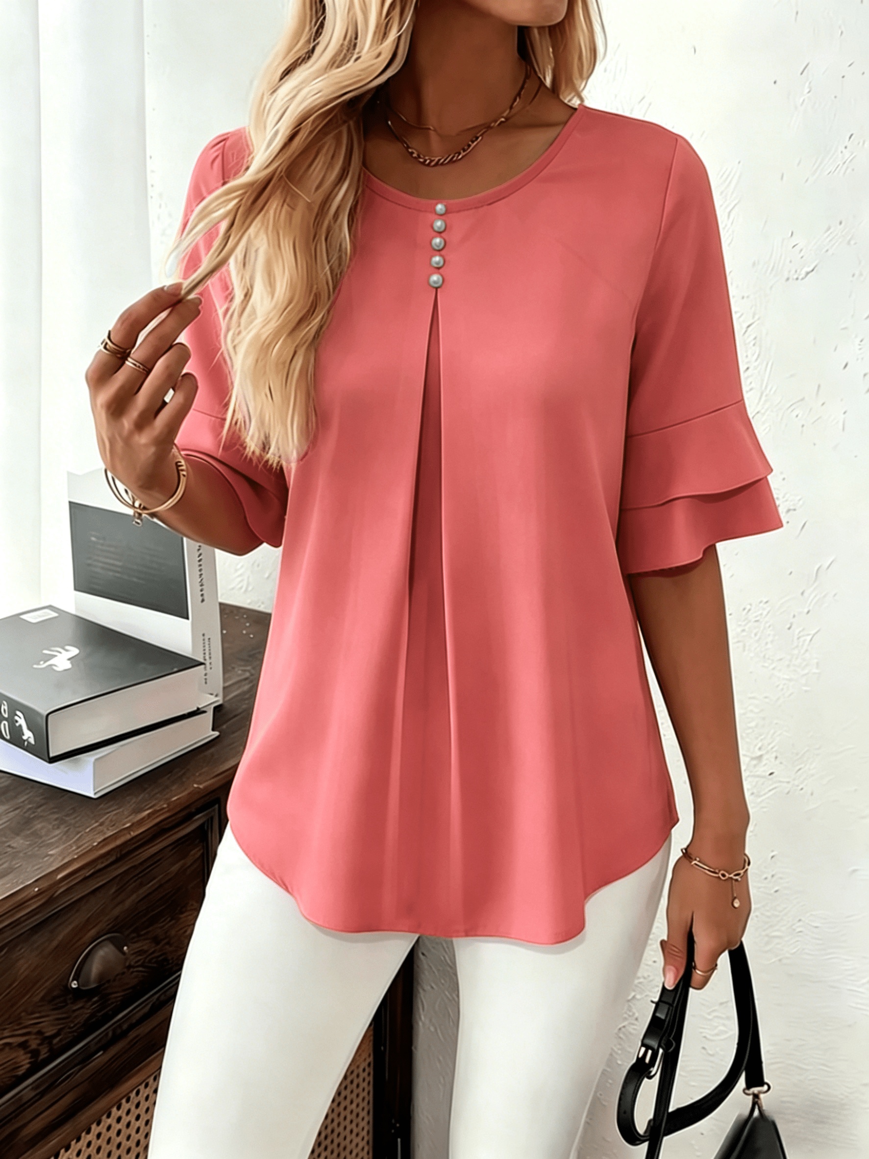 Women's Pearl Button Pleated Front Layered Flare Sleeve Blouse