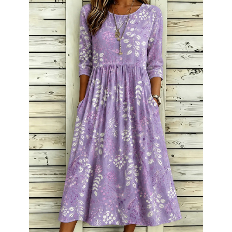 Women's Floral Plaid Star Patchwork Three Quarter Sleeve Midi Dress
