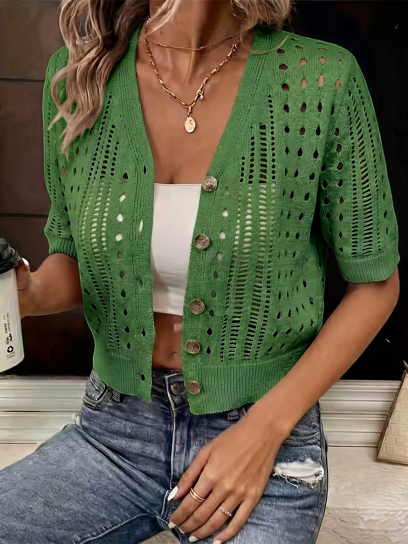 Women's Hollow Knit Short Sleeve Button Crop Cardigan