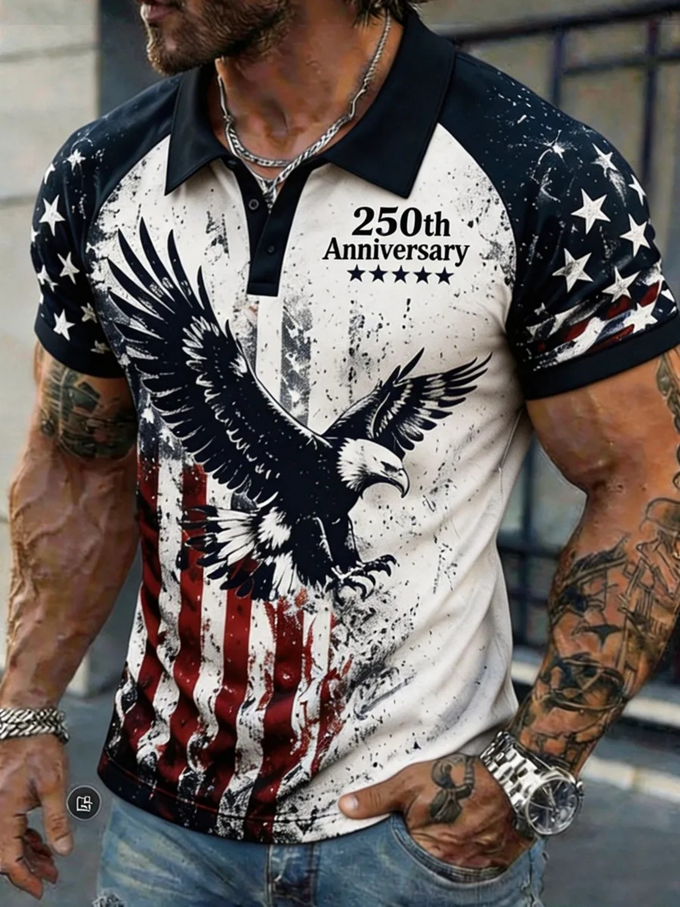 Men's Vintage Eagle Distressed Flag Patriotic Short Sleeve Polo Shirt