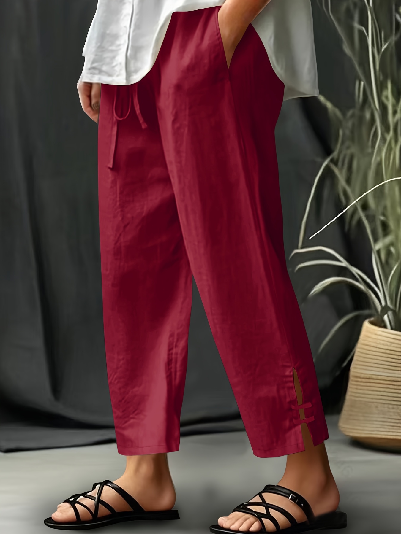Women's Drawstring Waist Side Slit Buckle Detail Linen Cropped Pants