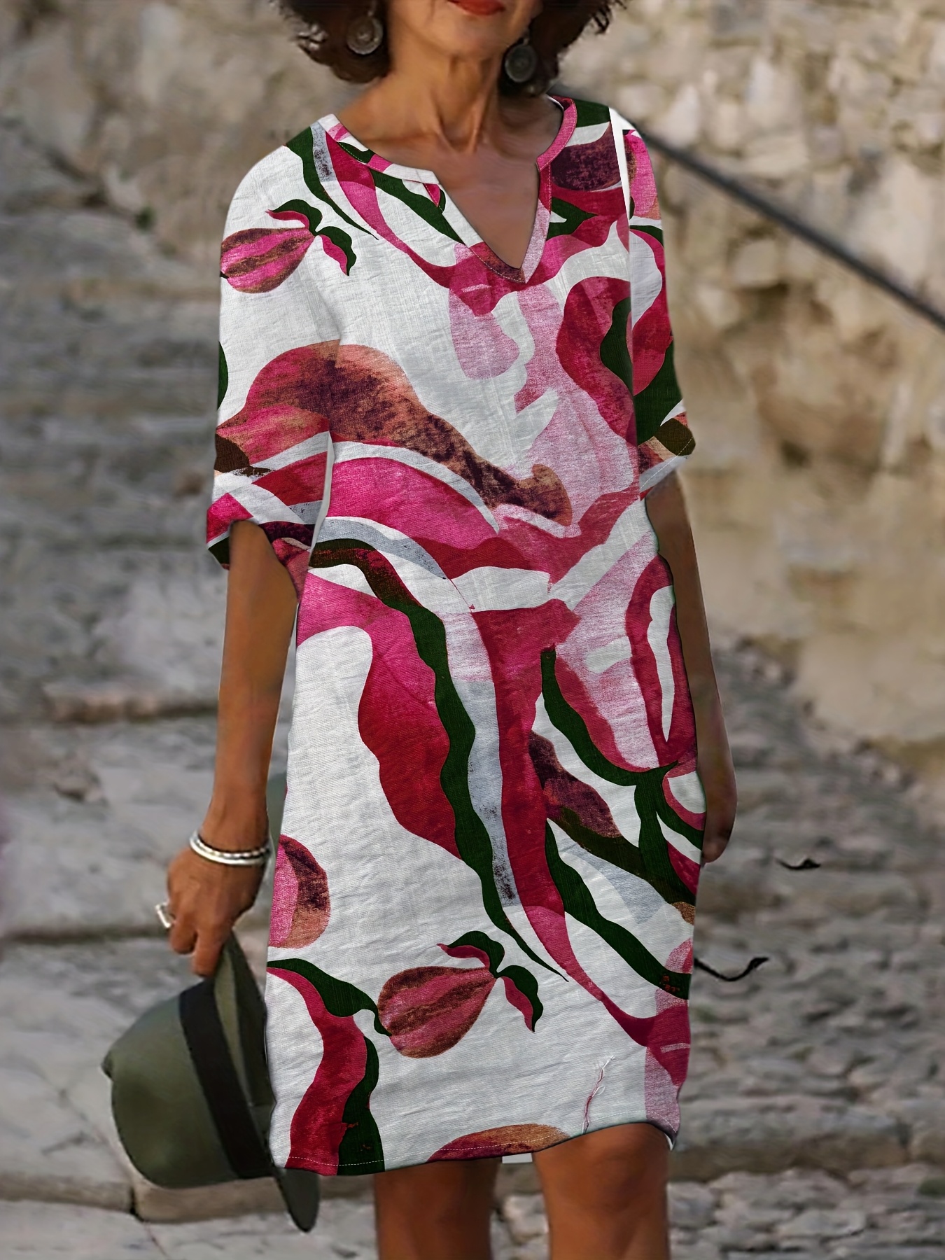 Women's Abstract Marble Print Notch V Neck Three Quarter Sleeve Midi Dress