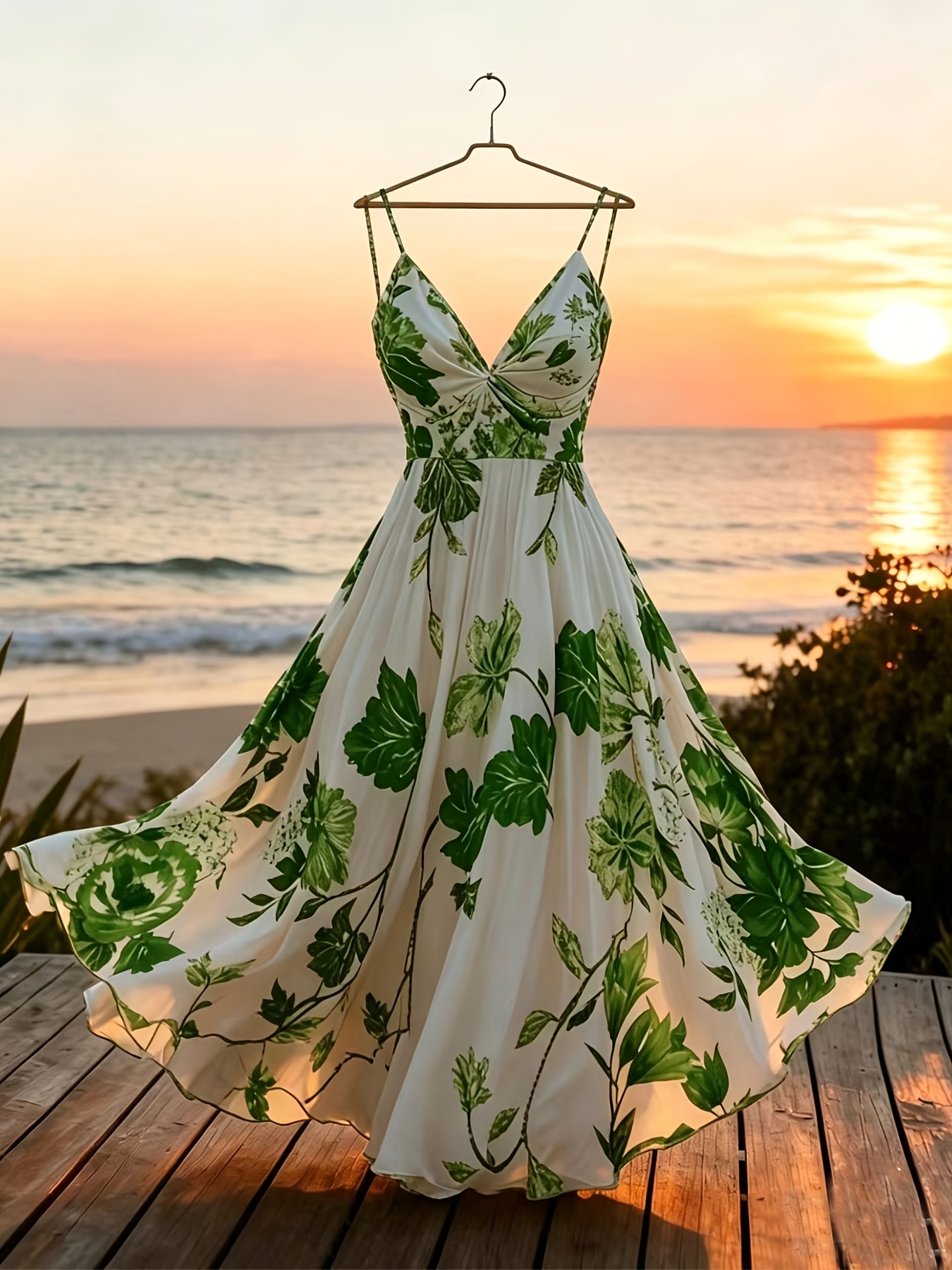 Women's Twisted V-Neck Floral Print Spaghetti Strap Resort Maxi Dress