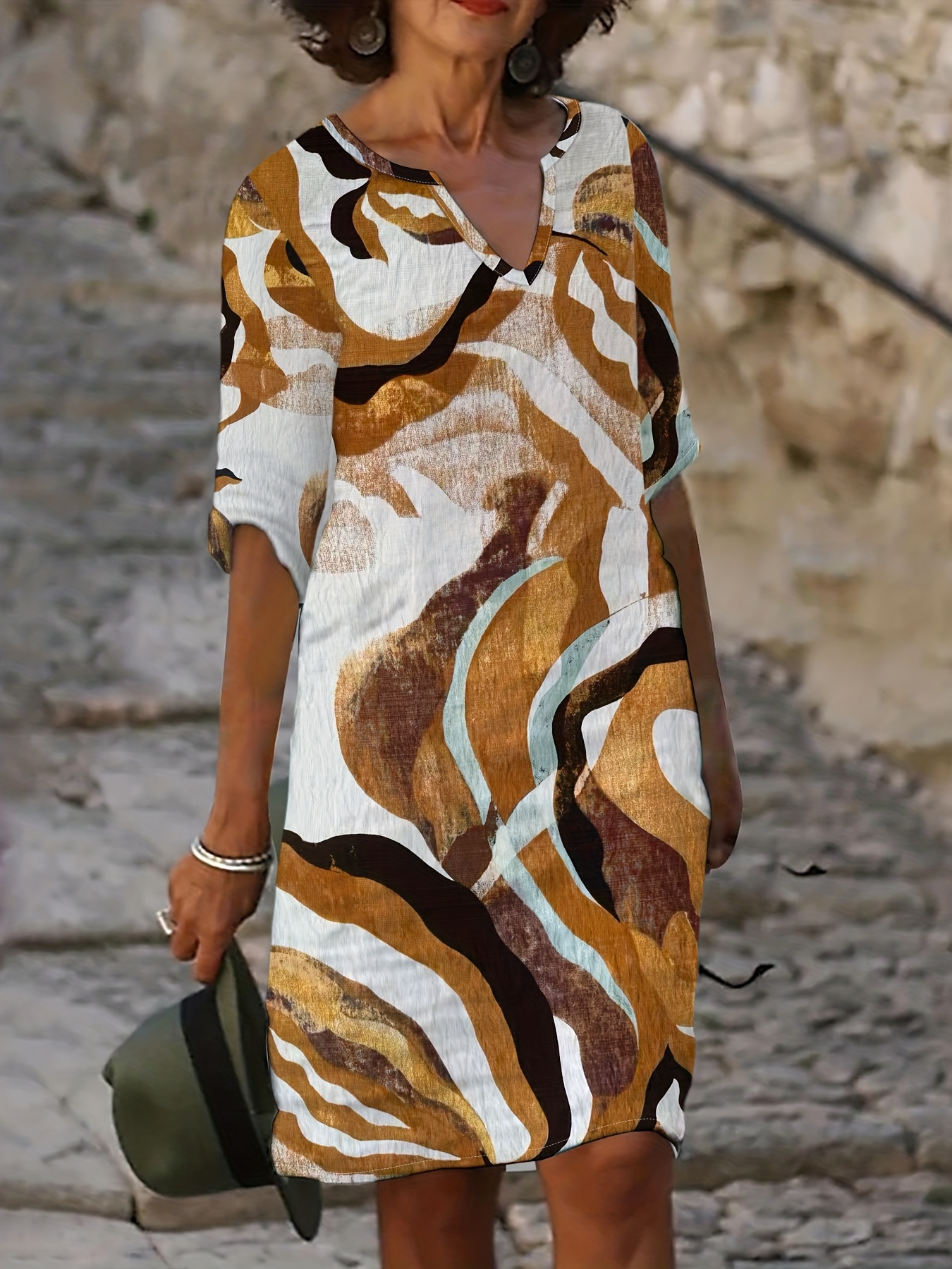 Women's Abstract Marble Print Notch V Neck Three Quarter Sleeve Midi Dress