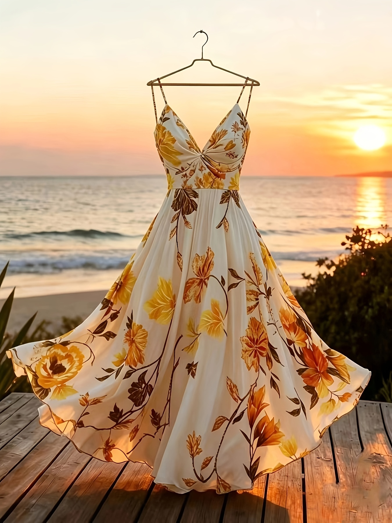 Women's Twisted V-Neck Floral Print Spaghetti Strap Resort Maxi Dress