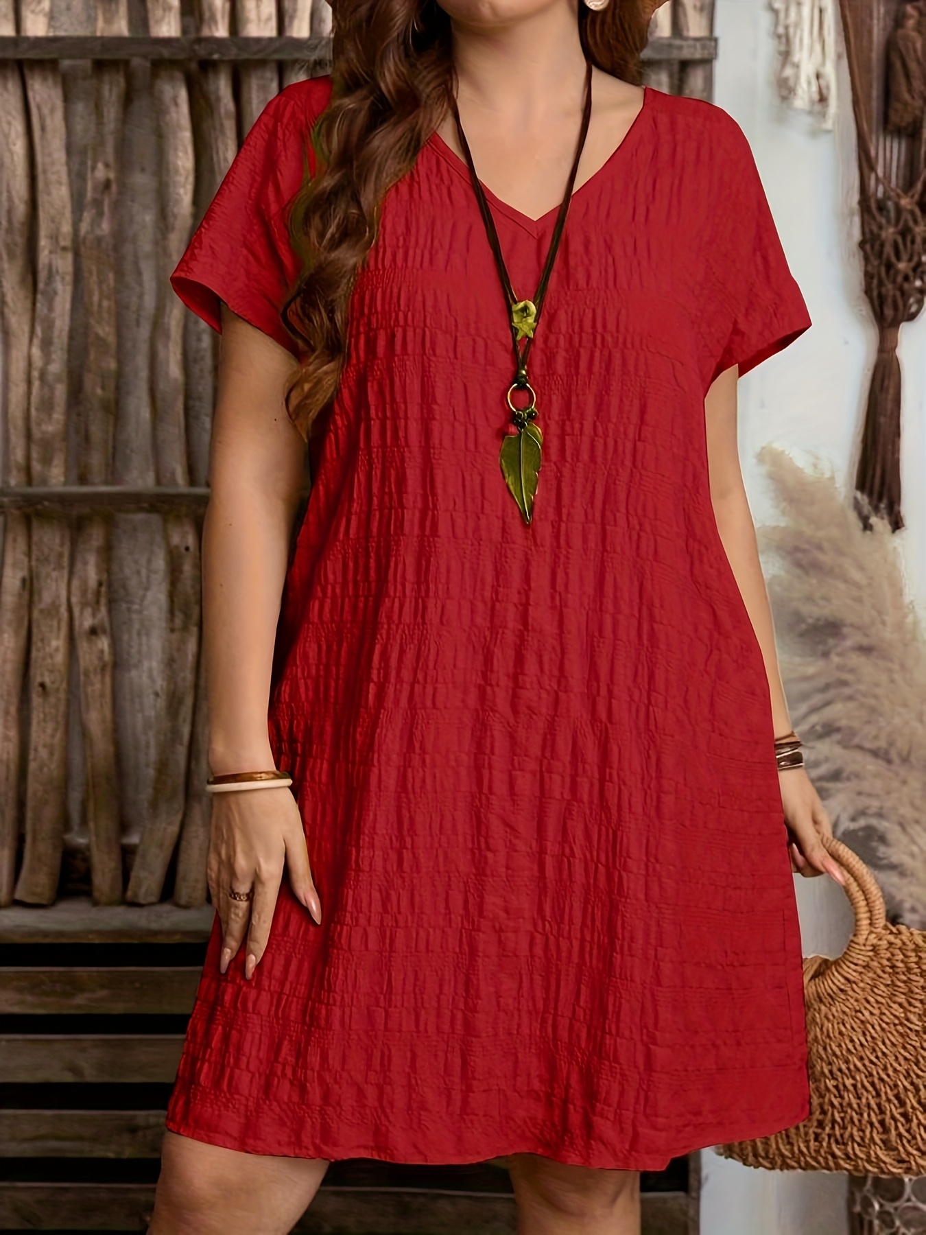 Women's Textured V-Neck Short Sleeve Loose Casual Midi Dress