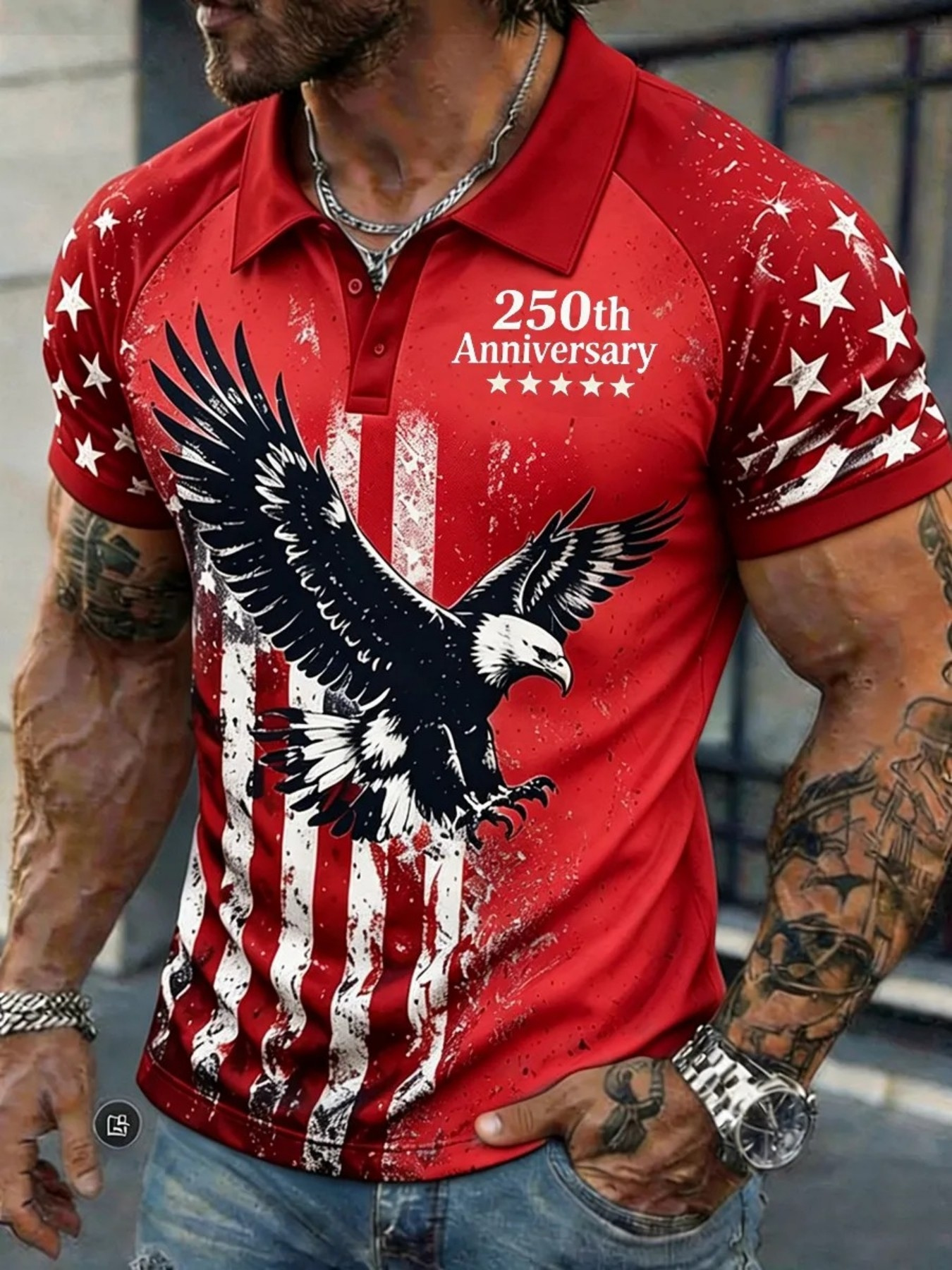 Men's Vintage Eagle Distressed Flag Patriotic Short Sleeve Polo Shirt