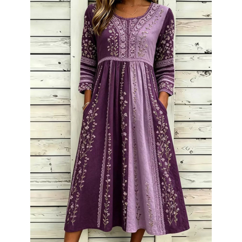 Women's Floral Plaid Star Patchwork Three Quarter Sleeve Midi Dress
