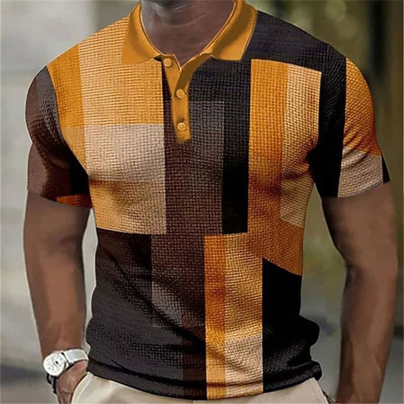 Men's Color Block Plaid Waffle Knit Short Sleeve Polo Shirt