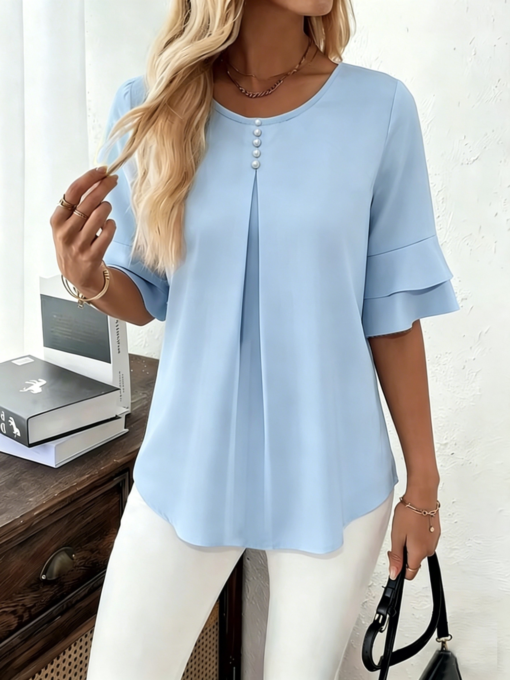 Women's Pearl Button Pleated Front Layered Flare Sleeve Blouse