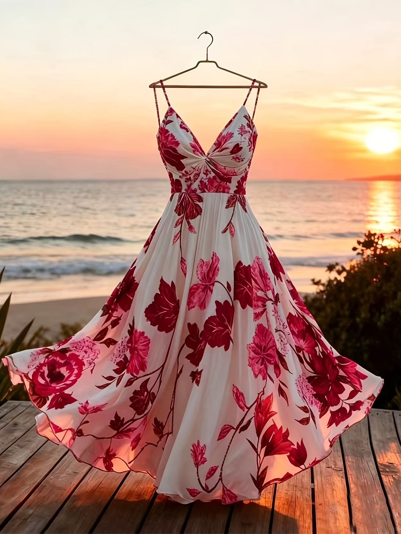 Women's Twisted V-Neck Floral Print Spaghetti Strap Resort Maxi Dress
