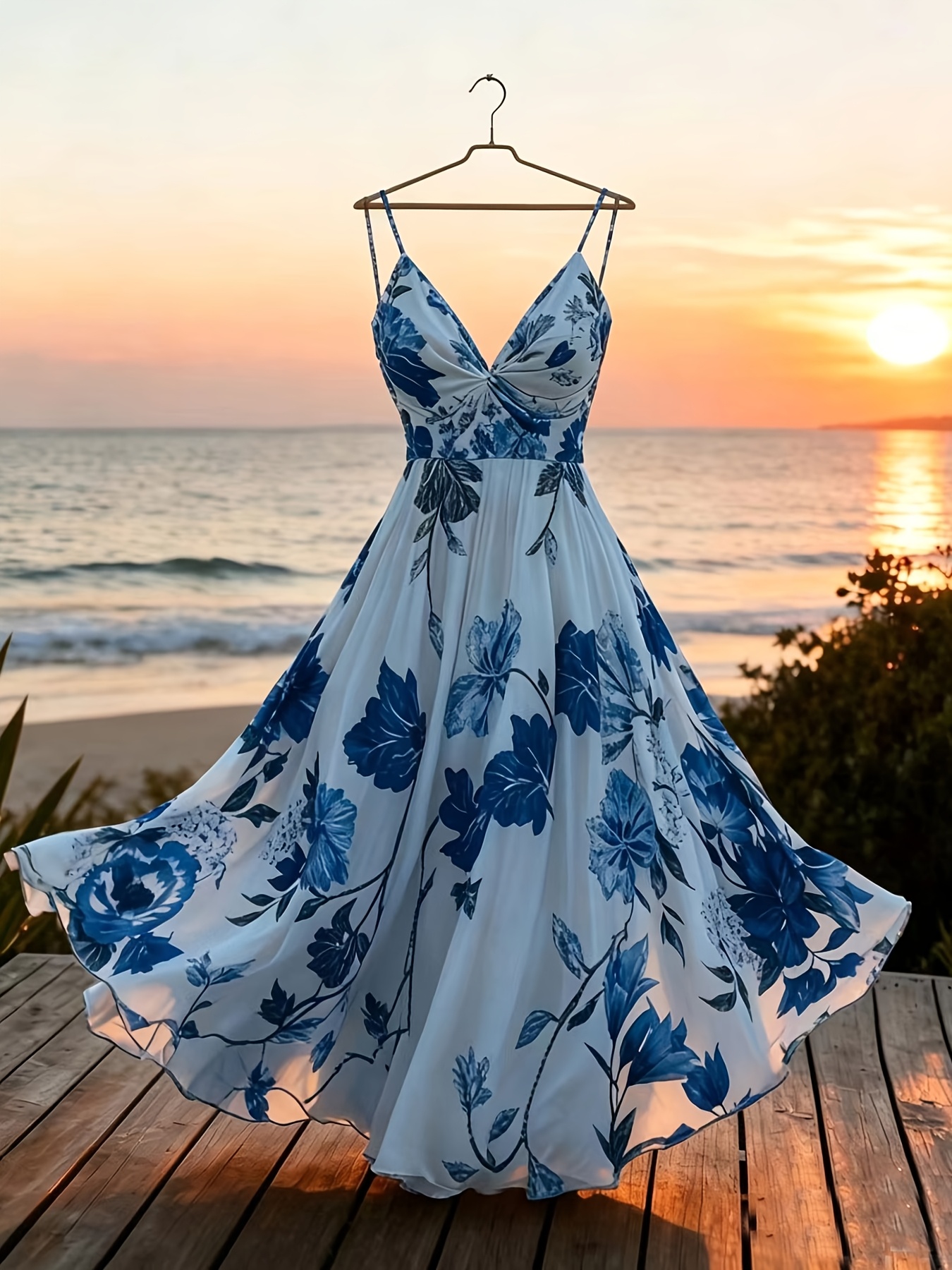 Women's Twisted V-Neck Floral Print Spaghetti Strap Resort Maxi Dress