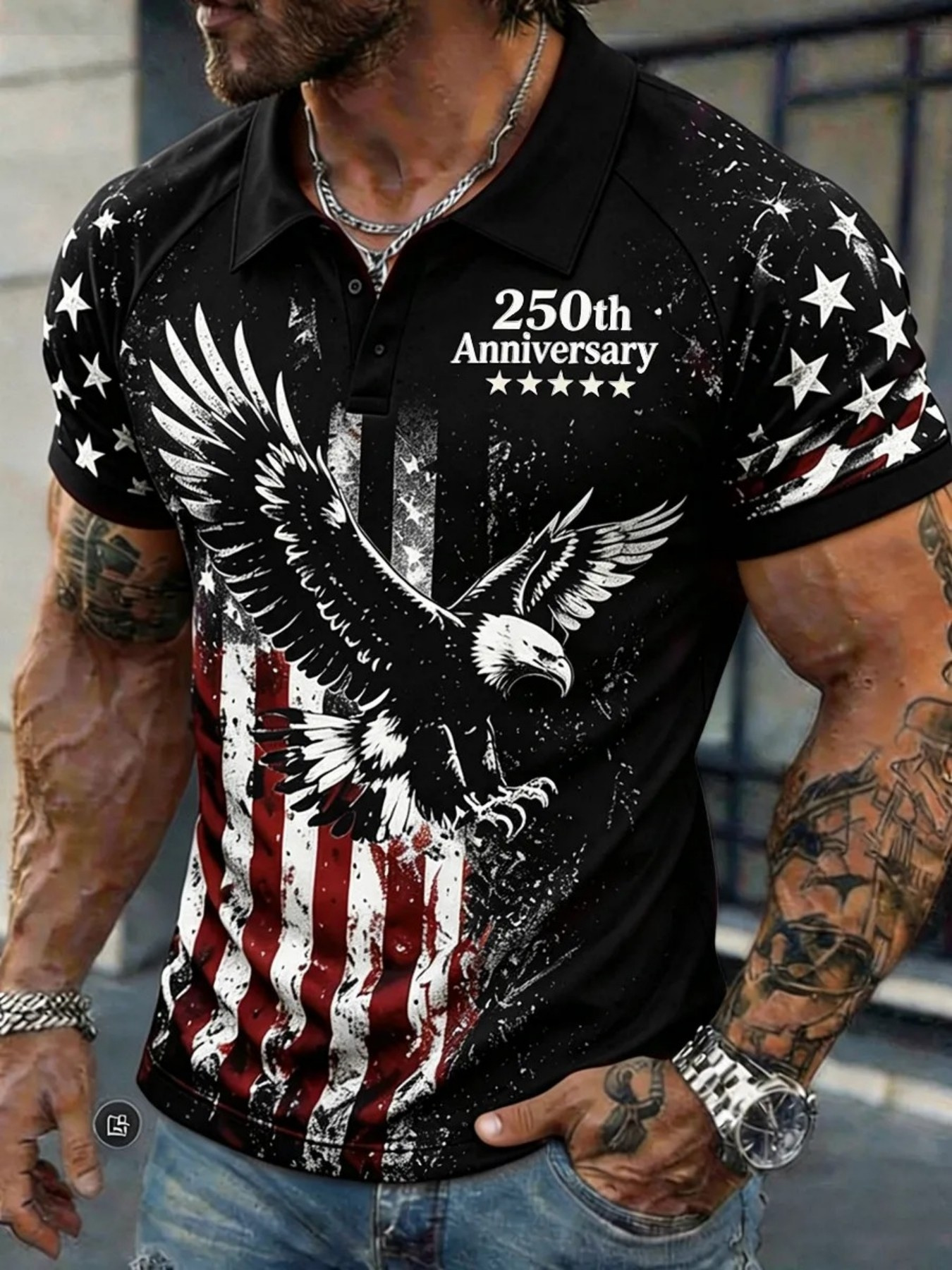 Men's Vintage Eagle Distressed Flag Patriotic Short Sleeve Polo Shirt