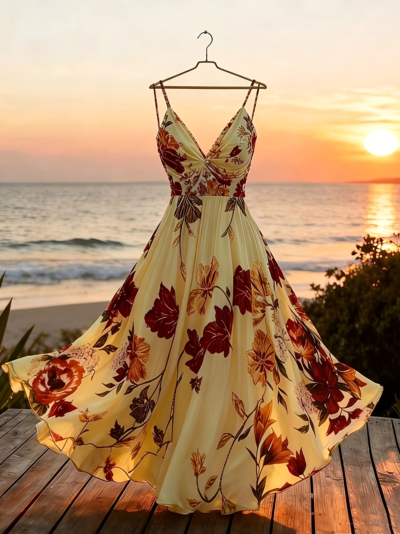 Women's Twisted V-Neck Floral Print Spaghetti Strap Resort Maxi Dress