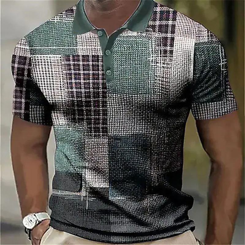 Men's Color Block Plaid Waffle Knit Short Sleeve Polo Shirt