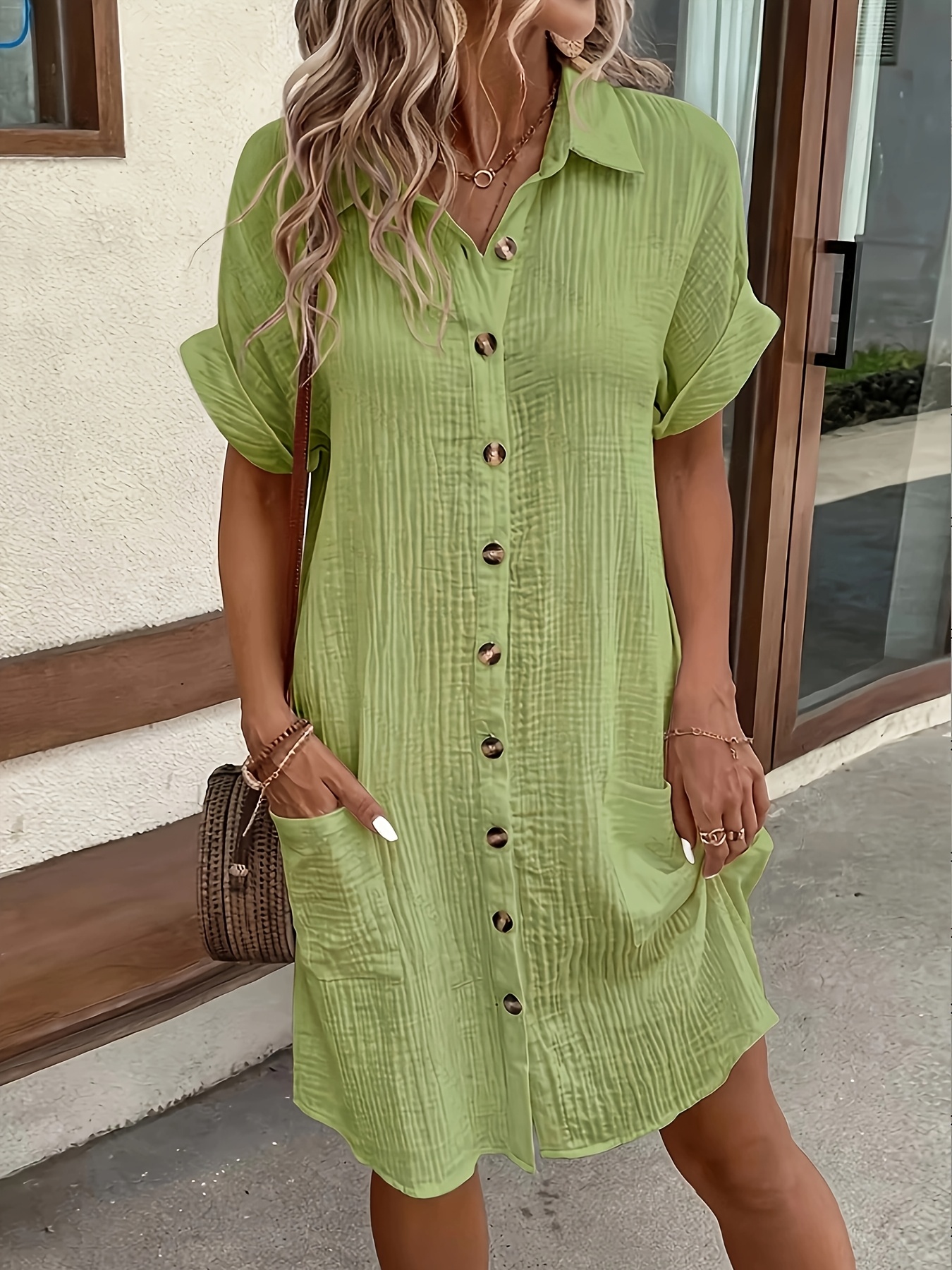 Women's Vertical Striped Textured Button Down Midi Shirt Dress