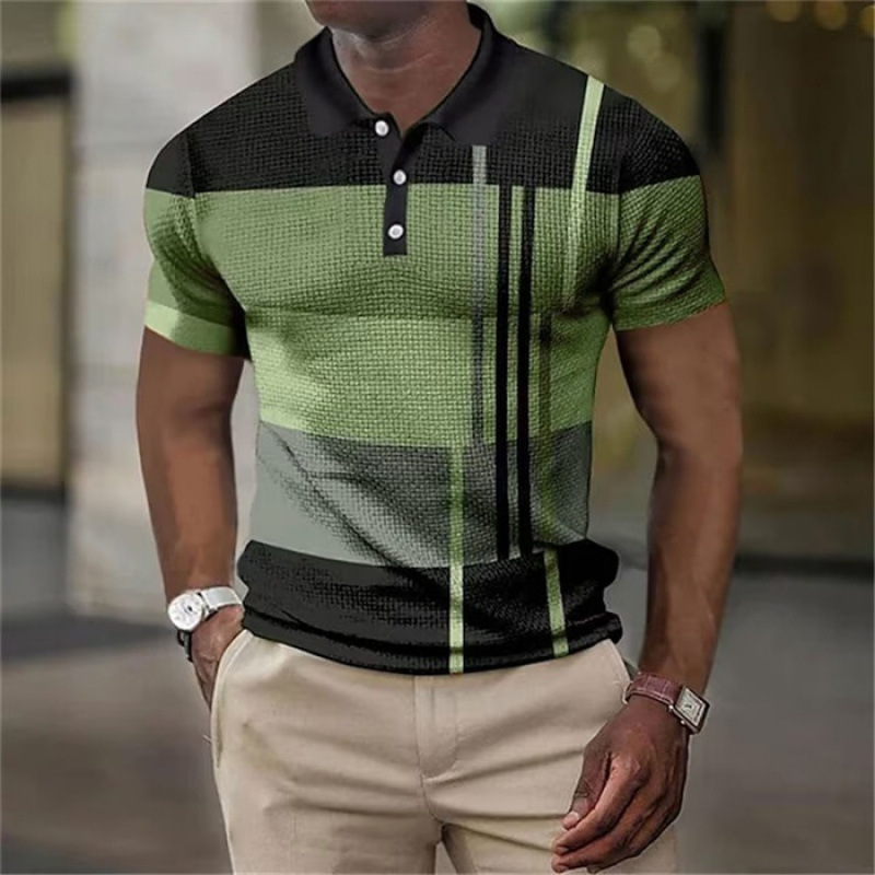 Men's Color Block Plaid Waffle Knit Short Sleeve Polo Shirt