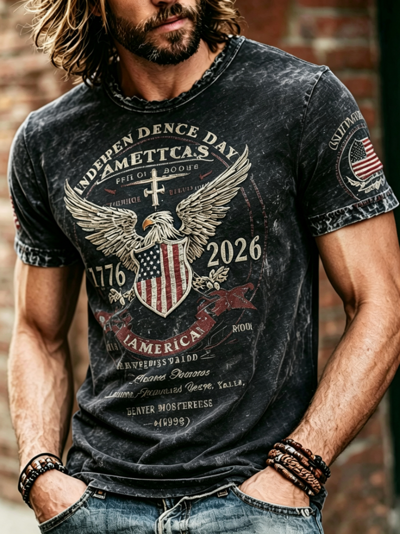 Men's Vintage Washed Eagle Cross Independence Day 1776-2026 Short Sleeve T-Shirt