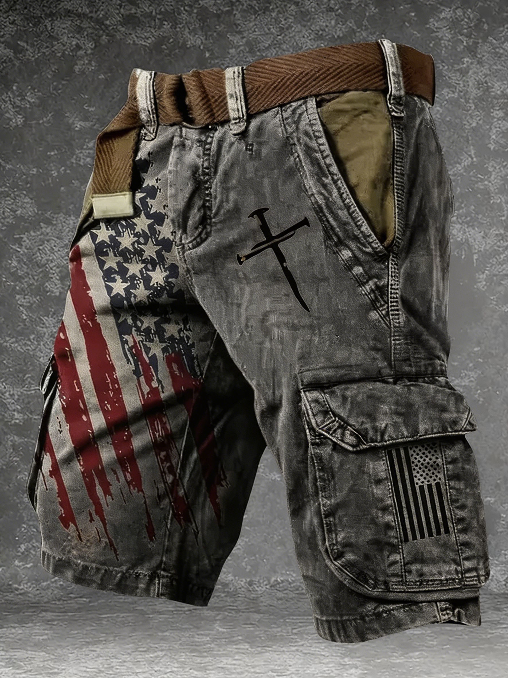 Patriotic Distressed Cargo Shorts, USA Flag Cross Graphic Multi-Pocket Casual Shorts