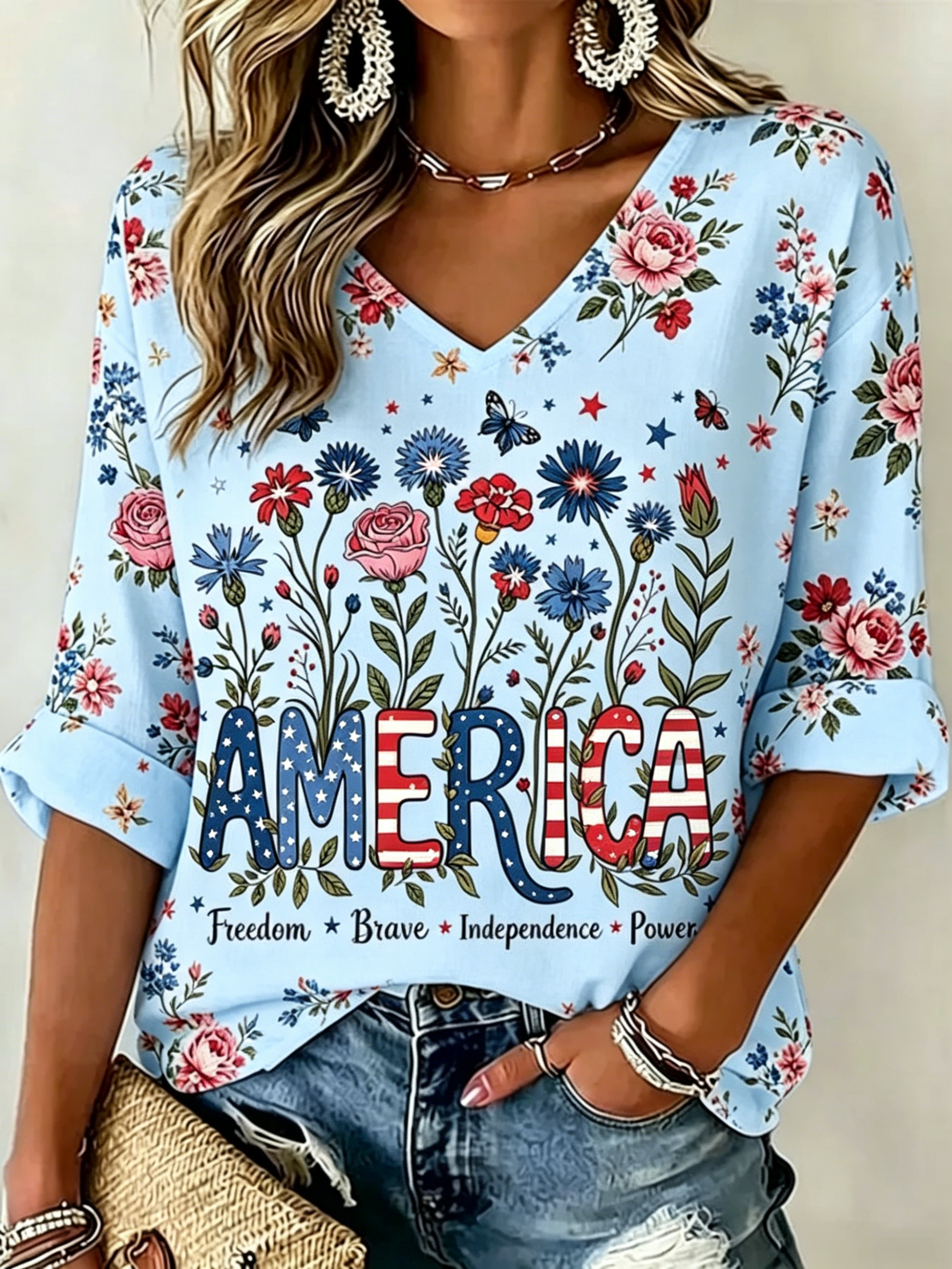 Boho Patriotic Floral America Print Blouse, Casual V-Neck 3/4 Sleeve Shirt