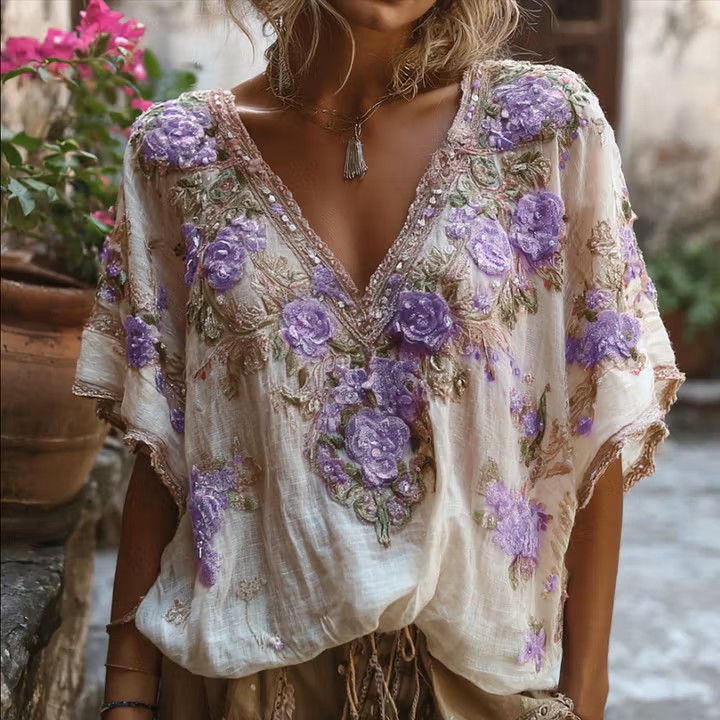 Women's Boho 3D Floral Embroidery V-Neck Batwing Blouse