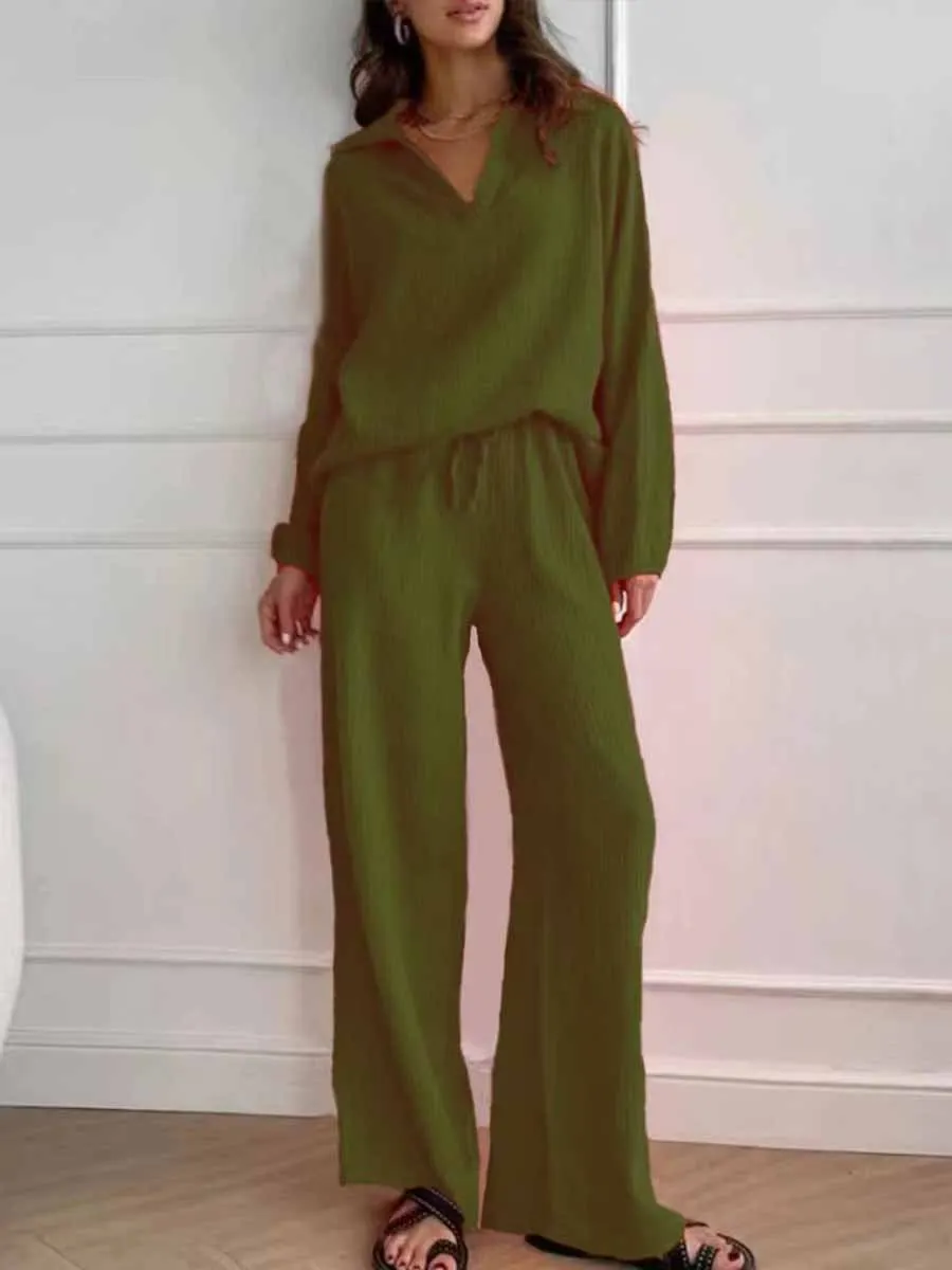 Women's Lapel Long Sleeve Drawstring Pants Casual Cotton Suit