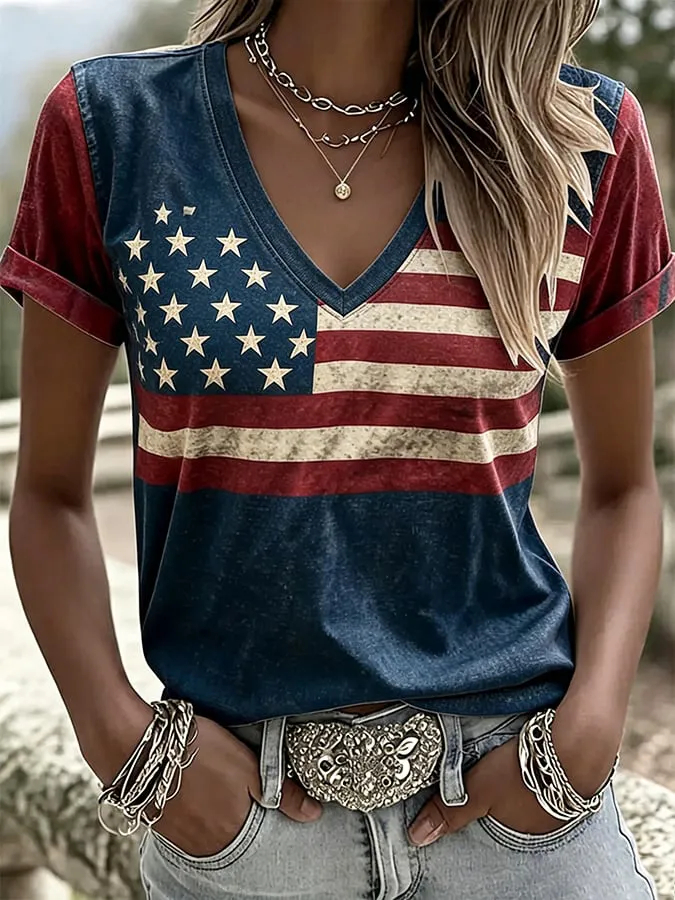 Women's Vintage American Flag V-Neck T-Shirt