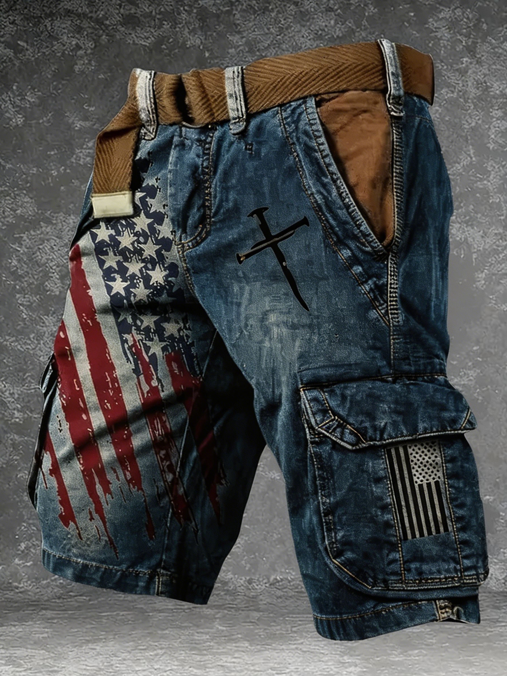 Patriotic Distressed Cargo Shorts, USA Flag Cross Graphic Multi-Pocket Casual Shorts