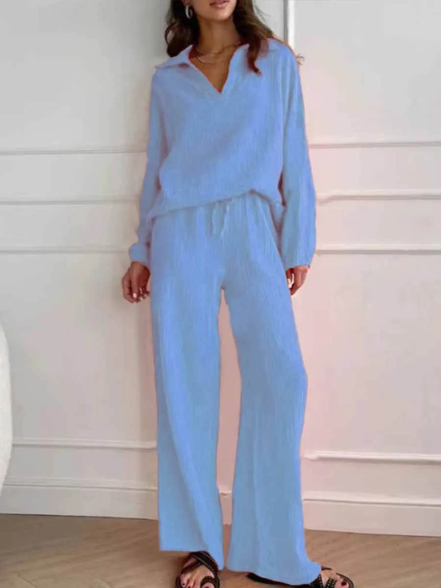 Women's Lapel Long Sleeve Drawstring Pants Casual Cotton Suit