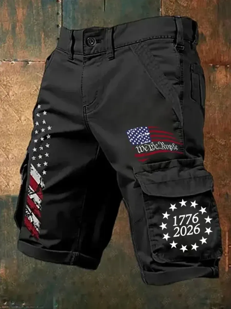 Men's "We The People 1776-2026" Patriotic Flag Print Cargo Shorts