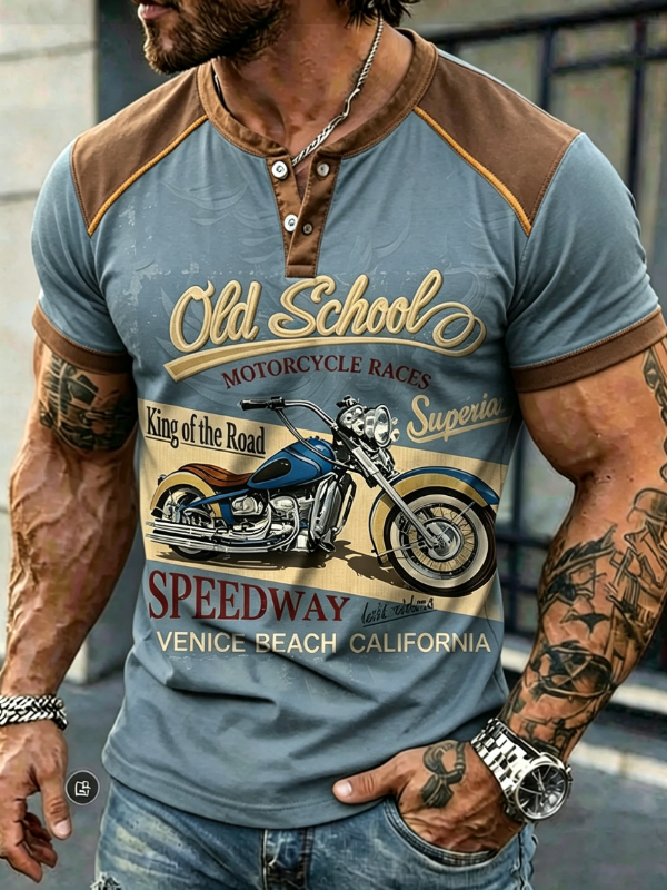 Men's Old School Motorcycle Raglan Short Sleeve Henley T-Shirt
