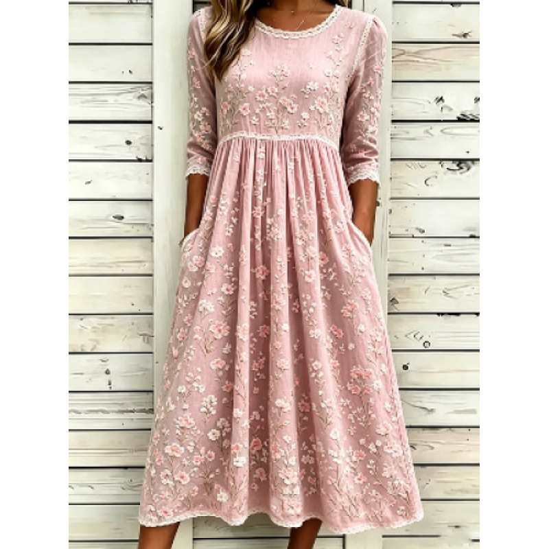 Women's Floral Plaid Star Patchwork Three Quarter Sleeve Midi Dress