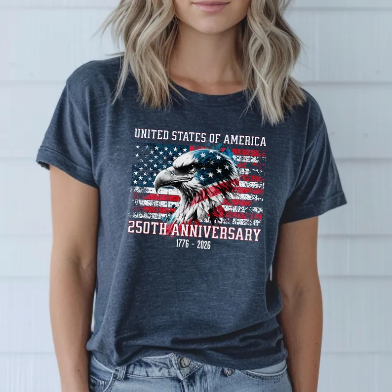 Women's United States 250th Anniversary Distressed Eagle USA Flag Patriotic Short Sleeve Crew Neck Tee