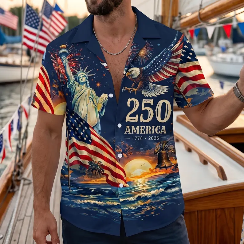 Men's America 250th 1776-2026 Statue of Liberty Eagle USA Flag Sunset Patriotic Short Sleeve Button Down Shirt