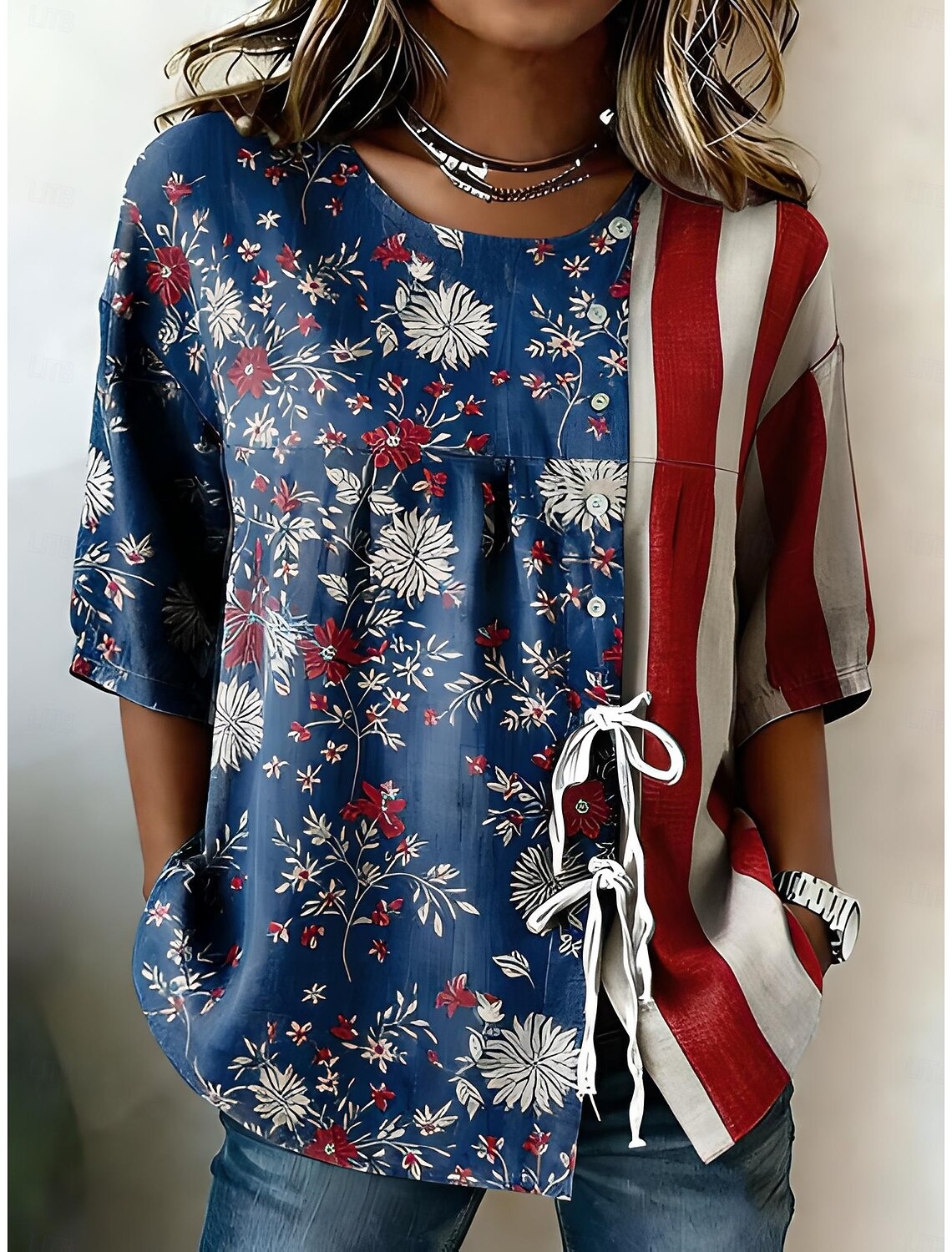 American Independence Day Women's Shirt – Buttons Print Graphic, Long Sleeve Shirt Collar