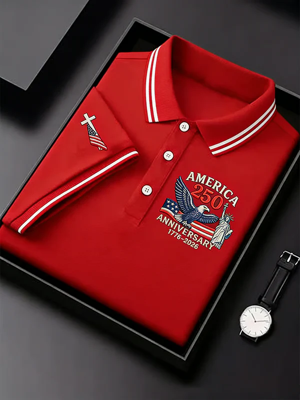  Men's USA 250th Anniversary Golf Polo Shirt | Patriotic Eagle Embroidered Performance Polo
