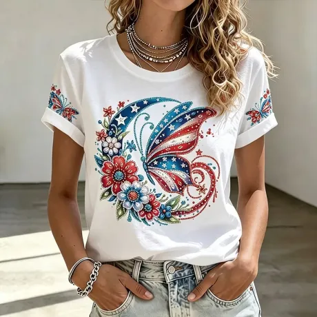 Women's Patriotic Butterfly & Floral Short-Sleeve Tee