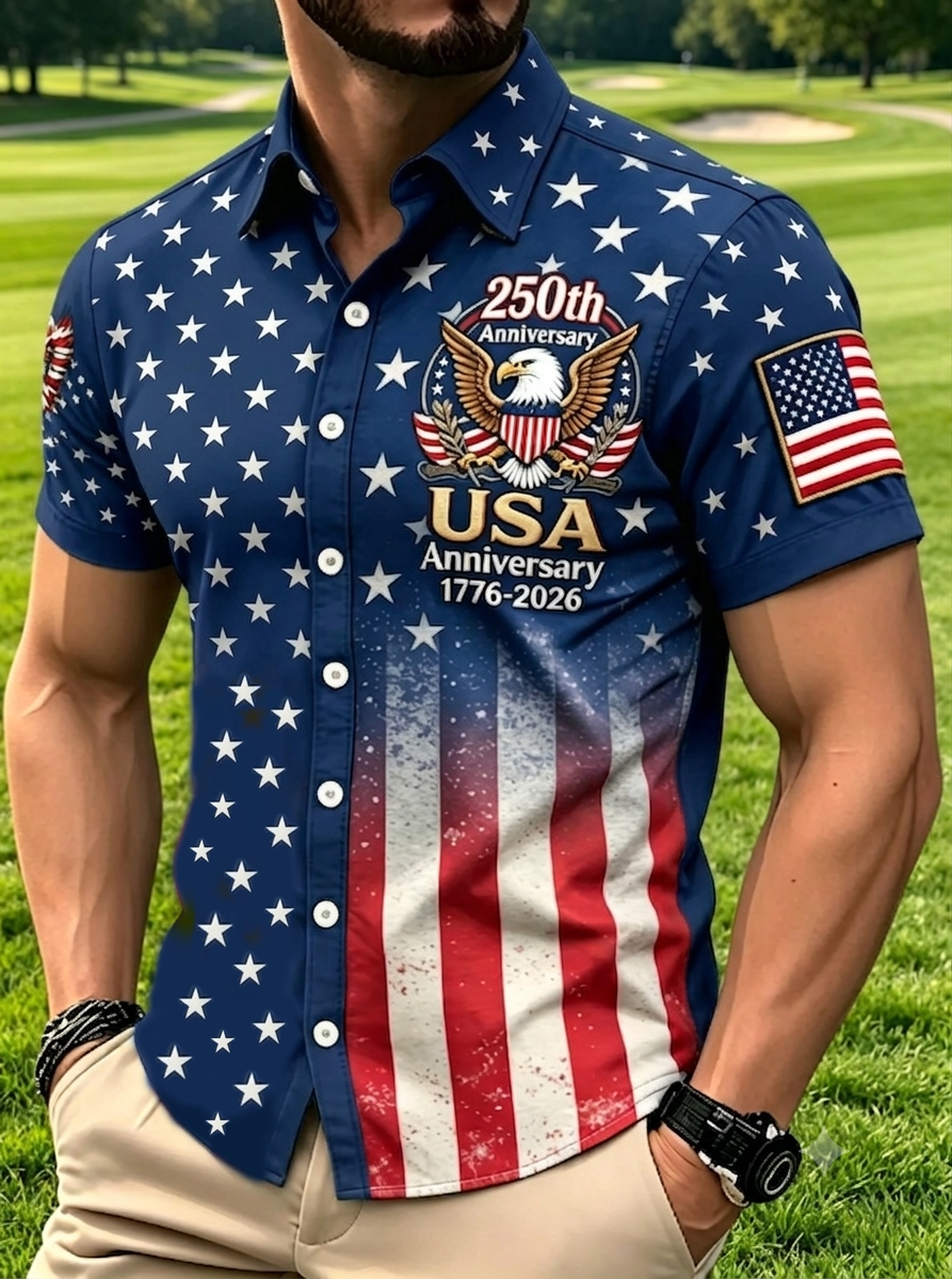 Men's Eagle Emblem Split Star Stripe Print Short Sleeve Button Down Shirt