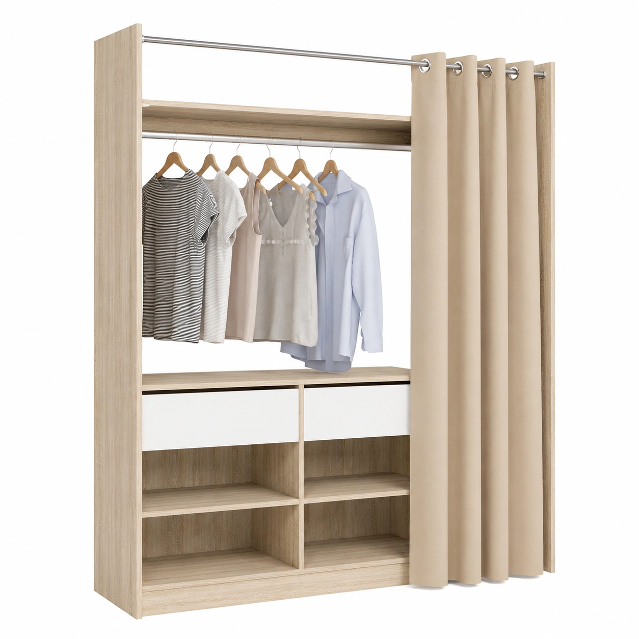 LYTTELON Garderobe 180 cm, innovatives Schrasystem mit beigem Vorhang, offene Facher, Eiche-Dekor, Holzwerkf-HomveraLiving