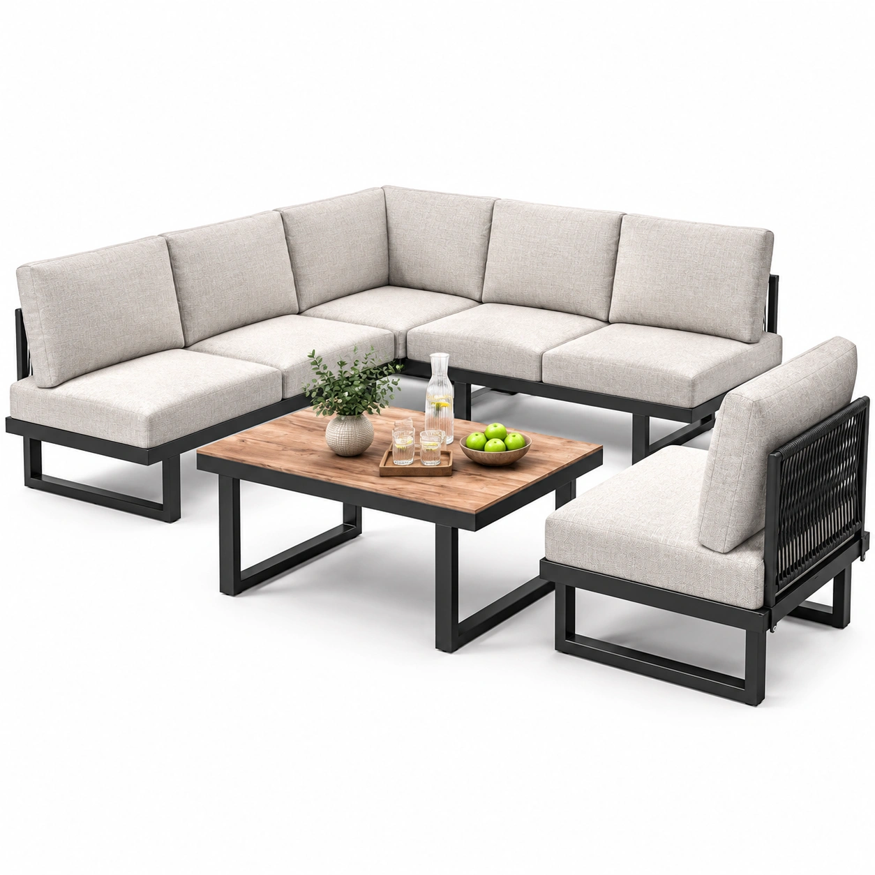 Gartenmobel-Set, 5-teilig, Outdoor Lounge, Stahlrahmen, Graubeige, Ilusive Kissen-HomveraLiving