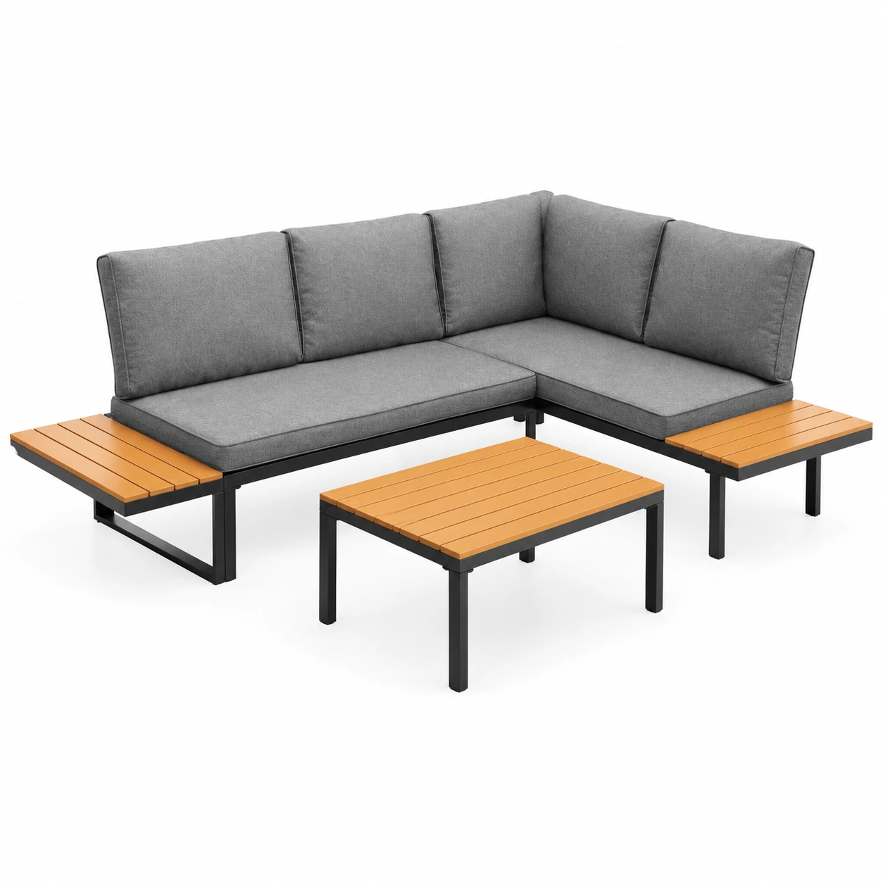 3-teiliges Gartenmobel-Set in Holzoptik, wetterfestes Ecksofa mit Couchtisch und Kissen, ibel kombinierbare Sitzgruppe fur Terrasse und Bon-HomveraLiving